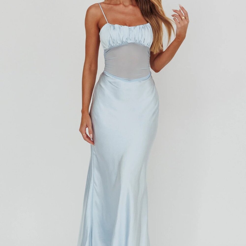 Selfie Leslie Nerida Sheer Waist Back Twist Maxi Dress Blue NWT Sz US 2